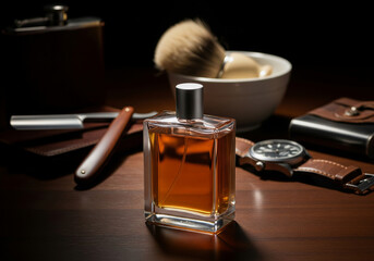 Premium Men's Grooming Collection Elegant Still Life Featuring Cologne, Straight Razor, Shaving Brush, and Watch, Highlighting Masculine Style and Self-Care