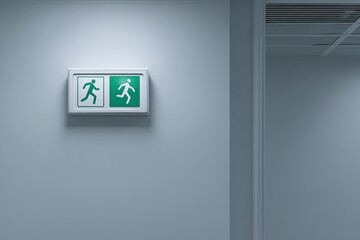 Illuminated emergency exit sign on a light-colored wall, featuring running figures, next to a doorway