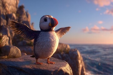 Photorealistic Puffin with Colorful Beak Standing on a Rock