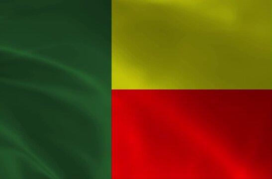 Waving Benin Flag in Slow Motion. National Banner of the Republic of Benin with Green, Yellow and Red Pan-African Color
