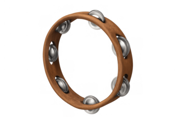 Tambourine percussion instrument with wood frame and metal jingles creating rhythmic sound on transparent background