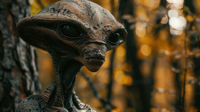 Video A close-up shot of an alien statue in a lush forest environment, ideal for sci-fi or fantasy-themed projects