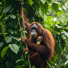 Fototapeta premium orangutan mother holding her baby