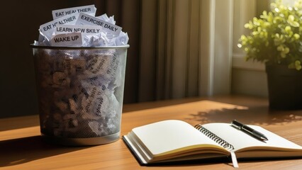 Crushed New Year's resolutions in trash can with notebook for New Year’s Dishonor List Day