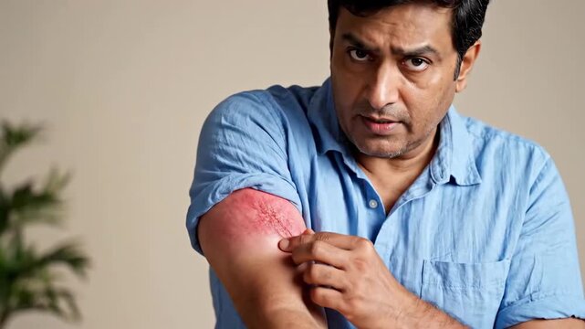 Man Suffering From Skin Condition Scratching His Arm in Indoor Setting