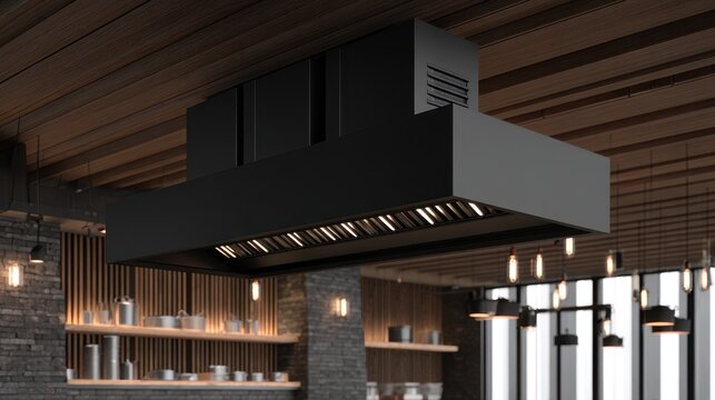 A commercial kitchen exhaust hood being installed above counter space