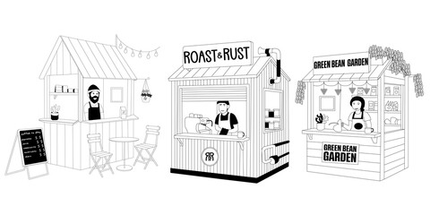 A line drawing illustration featuring three distinct small market stalls or kiosks, each representing a small business.