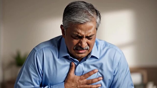 Man Experiencing Chest Pain During Heart Attack Simulation Bright Indoor Scene