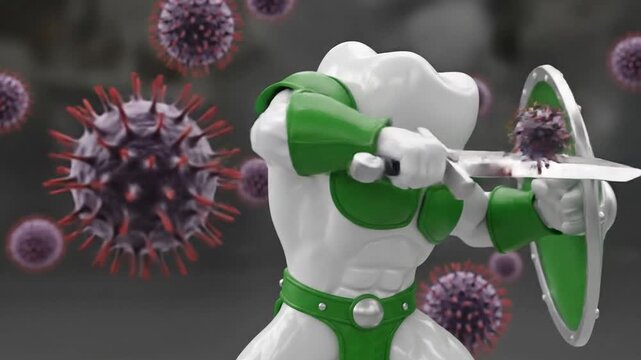 Tooth character warrior shield against virus medical illustration