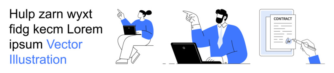 Workplace collaboration, business negotiation, team communication, remote work, technology use, digital agreements. People interacting with laptops and a contract document. Business negotiation