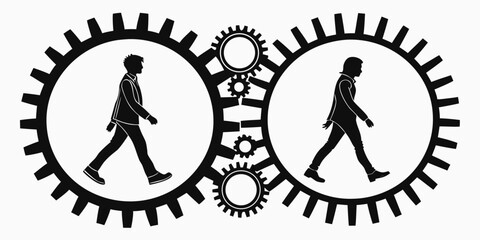 Black vector silhouette illustration of a man and woman with a running businessman and a surfer