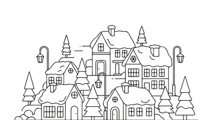 Minimal Christmas Village Line Art Winter Illustration