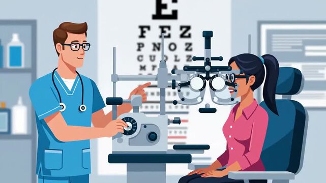 Medical Consultation and Eye Examination in Modern Clinic with Eye Chart and Equipment