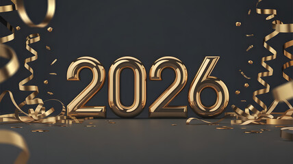Shiny golden 2026 digits celebrating the new year with scattered festive ribbons