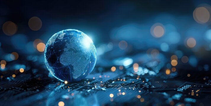 Illuminated globe floats above circuit board with bokeh effects - Powered by Adobe