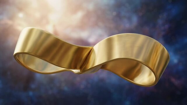 A mesmerizing golden M&ouml;bius strip gracefully floats against a cosmic backdrop, embodying the infinite possibilities of interconnectedness and the beauty of continuous transformation.