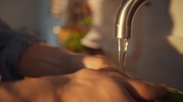 A man's hands gently rinse fresh zucchini under flowing kitchen tap water, emphasizing hygiene in food preparation for a healthy cuisine