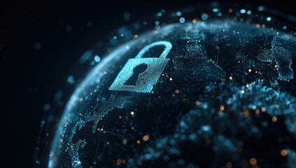 Glowing digital padlock floating over a stylized globe with interconnected data points in space