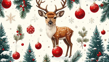 Charming young deer with antlers surrounded by festive Christmas trees red ornaments and snowflakes.