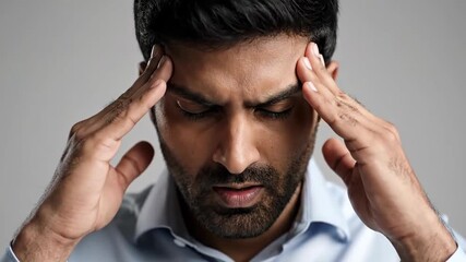 Man Experiencing Headache Stress Anxiety Concentration Fatigue and Tension in a Quiet Indoor Setting