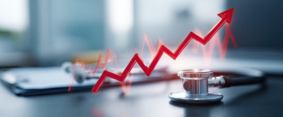 A red rising arrow overlaid on a stethoscope, symbolizing growth in health or medical fields