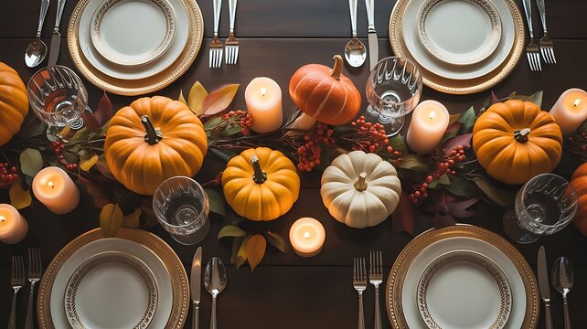 A thanksgiving table setting with pumpkins and candles - Powered by Adobe