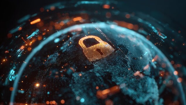 Glowing digital globe with a padlock overlaid, showcasing cybersecurity and data protection - Powered by Adobe
