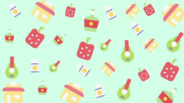 Colorful Kitchen Utensils and Cooking Tools Pattern on Light Green Background, Graphic Design, Flat Lay, Creative Concept