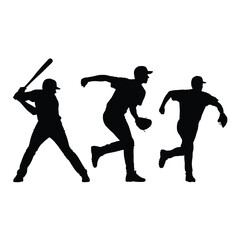Baseball players in silhouette batter pitcher and fielder in action