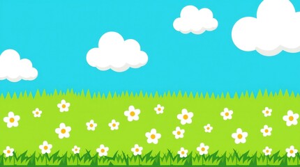 Bright cartoon meadow with white flowers and fluffy clouds in a blue sky