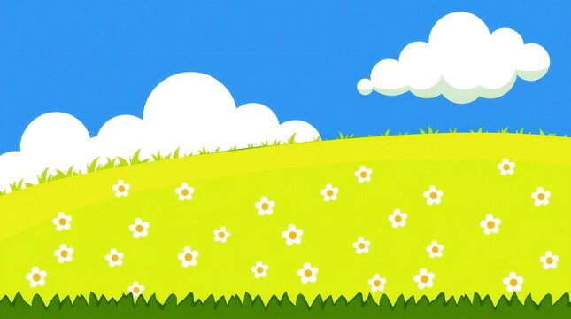 Vibrant cartoon landscape with rolling green hills and fluffy white clouds
