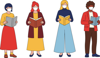People reading books while wearing face masks, diverse men and women standing and studying, modern flat illustration for education and health awareness designs