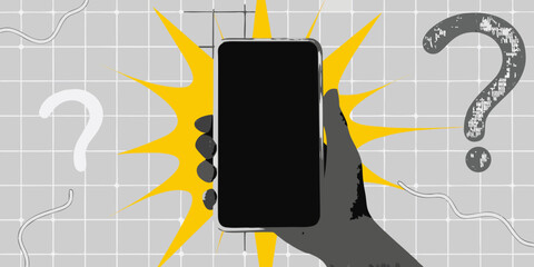 A hand holding a smartphone with question marks and a starburst graphic