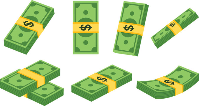 Stacked dollar banknotes illustration set showing bundled cash in different angles, flat green money vector elements for finance and business concepts