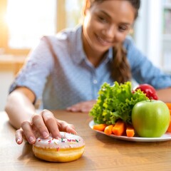 Temptation: Woman Reaching for Donut Beside Healthy Food