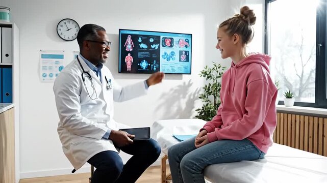 Medical Consultation Between Doctor And Female Patient In Clinic Setting For Health Assessment
