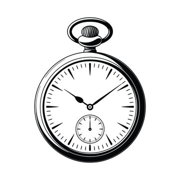 A vintage pocket watch with a detailed face shown in black and white