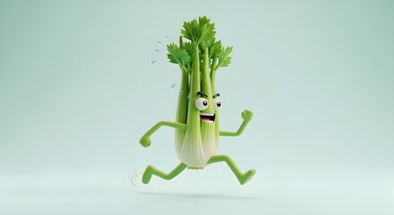Funny 3D Cartoon Celery Character Running Fast on a Light Green Background