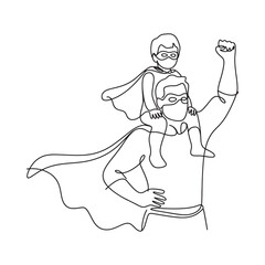 A father and son dressed as superheroes a continuous line drawing
