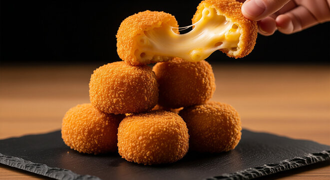 Crispy golden mac & cheese bites stacked on a dark slate plate, cheese stretching as one bite is pulled apart, warm studio lighting,