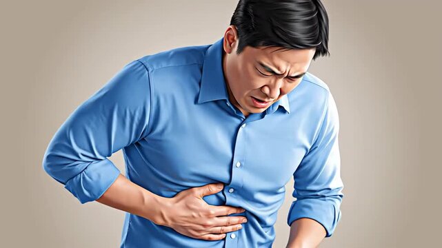 Man Experiencing Severe Abdominal Pain Suffering from Stomach Ache or Food Poisoning in an Indoor