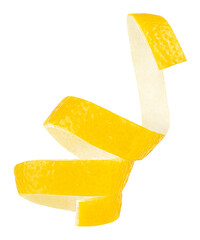 Vertical image of fresh lemon twist peel isolated on a white background. Fresh citrus fruit. Twisted lemon skin.