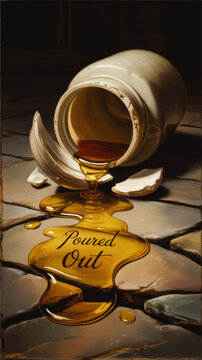 Golden oil poured from broken clay jar on stone floor, inspirational Christian artwork with flowing liquid and &ldquo;Poured Out&rdquo; text