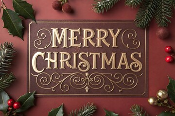 Merry christmas festive lettering with holly and pine branches.