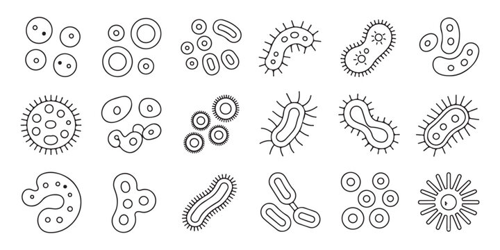 Outline bacterium, virus and microbe icon set. microbiology germs microorganism infection symbols
