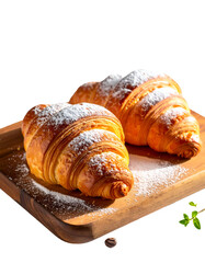 Golden Croissants Dusted with Powdered Sugar on a Wooden Board.