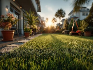 Obraz premium Lush green lawn with flower pots and sunset in backyard garden 