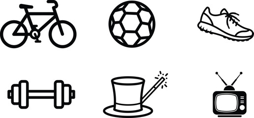 A comprehensive collection of black outline icons representing sports fitness activities leisurely hobbies and entertainment objects