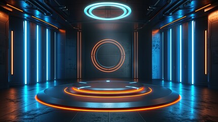 Cyberpunk style Future Technology Control Room 3D Rendering Science Fiction Scene