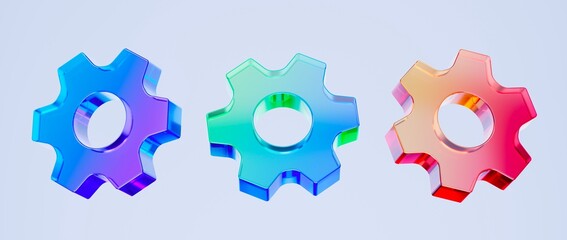 Set of 3D gear icons, system settings and configuration concept. Colorful gradient glass like icon, trending glass holographic icon, for graphic design, UI UX interfaces, 3d render illustration.
